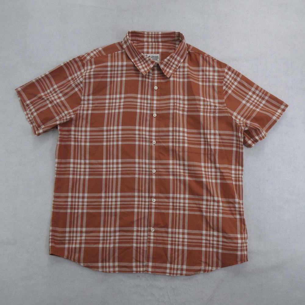 Marmot Mountain Works Shirt Mens 2XL Orange Plaid Short Sleeve Polyester Casual